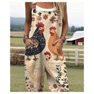 Boho Printed Overalls Farmhouse Chicken & Floral Print Wide Leg Pants Farm Chic